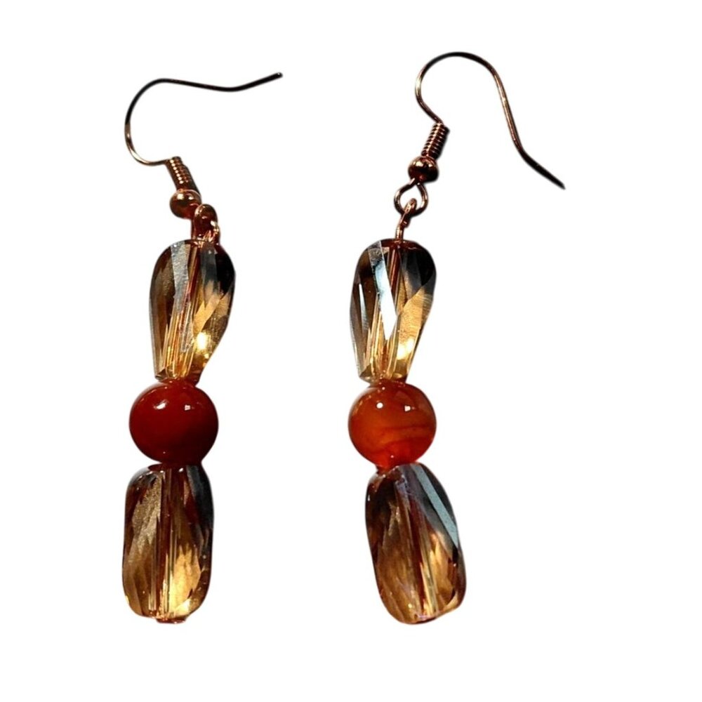 Carnelian earrings with golden colored crystal bronze tone leverbacks